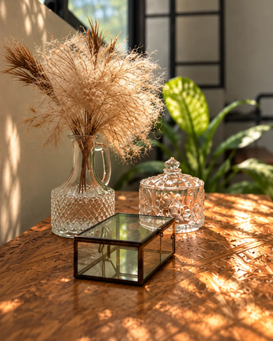 Dried pampas in a glass decanter on a sunlit table at Casa Botica spa