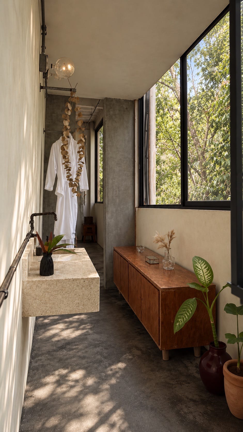 Casa Botica vanity with robe and jungle view